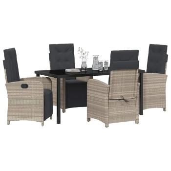 5-teiliges Garten Essset mit Kissen Hellgrau Poly Rattan, Gartentisch Schwarz 160x80x73 cm Tempered Glass