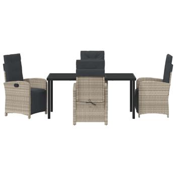 5-teiliges Garten Essset mit Kissen Hellgrau Poly Rattan, Gartentisch Schwarz 160x80x73 cm Tempered Glass