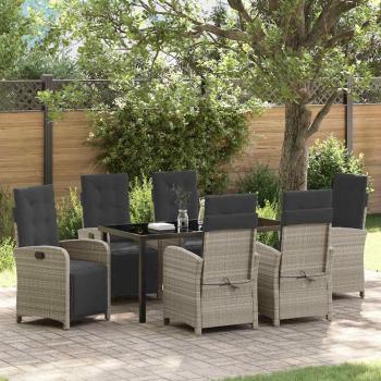 ARDEBO.de - 7-teilige Garten Essgruppe mit Kissen Hellgrau Poly-Rattan, Gartentisch Schwarz 160x80x73 cm Sicherheitsglas