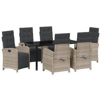 7-teilige Garten Essgruppe mit Kissen Hellgrau Poly-Rattan, Gartentisch Schwarz 160x80x73 cm Sicherheitsglas
