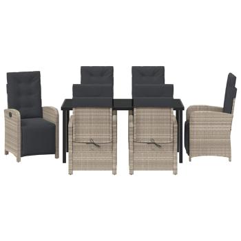 7-teilige Garten Essgruppe mit Kissen Hellgrau Poly-Rattan, Gartentisch Schwarz 160x80x73 cm Sicherheitsglas