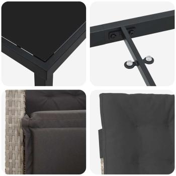7-teiliges Garten Essset mit Kissen Hellgrau Poly Rattan, Gartentisch Schwarz 200x80x73 cm Tempered Glass