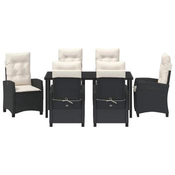 7-teiliges Garten-Dining-Set mit Kissen, schwarzes Poly-Rattan