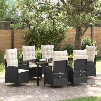 ARDEBO.de - 7-teiliges Garten-Esstisch-Set mit Kissen Schwarz Poly Rattan
