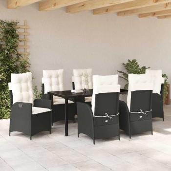 7-teiliges Garten-Esstisch-Set mit Kissen Schwarz Poly Rattan
