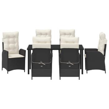 7-teiliges Garten-Esstisch-Set mit Kissen Schwarz Poly Rattan
