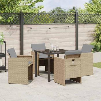 5-tlg. Garten Esstischset mit Kissen Beige Poly Rattan, Gartentisch Schwarz 80x80x73 cm Temperiertes Glas