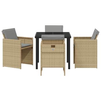 5-tlg. Garten Esstischset mit Kissen Beige Poly Rattan, Gartentisch Schwarz 80x80x73 cm Temperiertes Glas