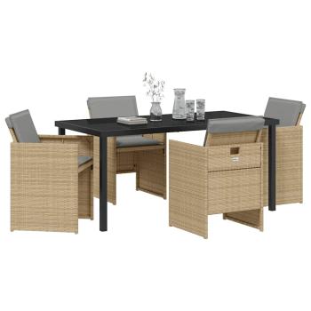 5-teiliges Garten Esszimmer Set mit Kissen Beigefarben Poly Rattan, Gartentisch Schwarz 160x80x73 cm Mit Tempered Glass