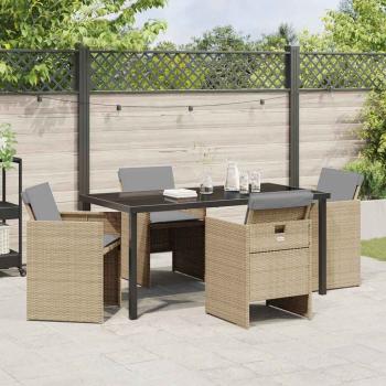 5-teiliges Garten Esszimmer Set mit Kissen Beigefarben Poly Rattan, Gartentisch Schwarz 160x80x73 cm Mit Tempered Glass