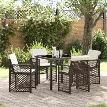 ARDEBO.de - 5-teiliges Garten Esstisch Set mit Kissen Braun Poly Rattan, Gartentisch Schwarz 80x80x73 cm Sicherheitsglas