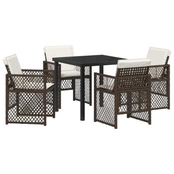5-teiliges Garten Esstisch Set mit Kissen Braun Poly Rattan, Gartentisch Schwarz 80x80x73 cm Sicherheitsglas
