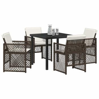 5-teiliges Garten Esstisch Set mit Kissen Braun Poly Rattan, Gartentisch Schwarz 80x80x73 cm Sicherheitsglas