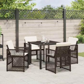 5-teiliges Garten Esstisch Set mit Kissen Braun Poly Rattan, Gartentisch Schwarz 80x80x73 cm Sicherheitsglas
