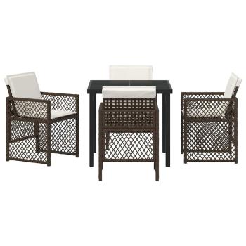 5-teiliges Garten Esstisch Set mit Kissen Braun Poly Rattan, Gartentisch Schwarz 80x80x73 cm Sicherheitsglas
