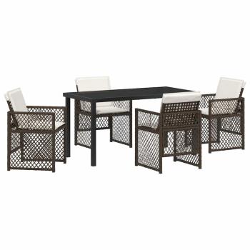 5-teiliges Garten Essset mit Kissen Braun Poly Rattan, Gartentisch Schwarz 140x80x73 cm Mit Sicherheitsglas
