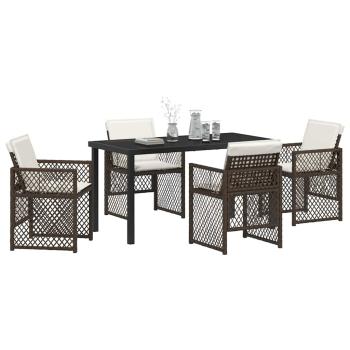 5-teiliges Garten Essset mit Kissen Braun Poly Rattan, Gartentisch Schwarz 140x80x73 cm Mit Sicherheitsglas
