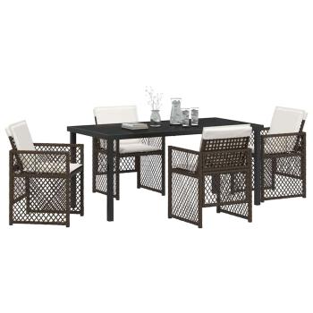 5-teiliges Garten Essset mit Kissen Braunes Poly Rattan, Gartentisch Schwarz 160x80x73 cm Tempered Glass