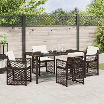 5-teiliges Garten Essset mit Kissen Braunes Poly Rattan, Gartentisch Schwarz 160x80x73 cm Tempered Glass