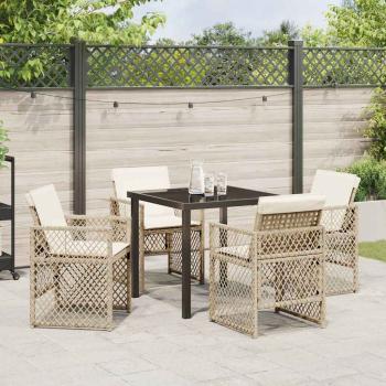 5-teilige Garten Essgruppe mit Kissen Beige Poly Rattan, Gartentisch Schwarz 80x80x73 cm Sicherheitsglas