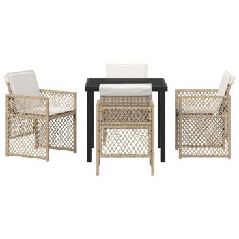 5-teilige Garten Essgruppe mit Kissen Beige Poly Rattan, Gartentisch Schwarz 80x80x73 cm Sicherheitsglas