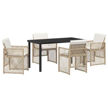 5-teilige Garten Essgruppe mit Kissen Beige Poly-Rattan, Gartentisch Schwarz 140x80x73 cm Gehärtetes Glas