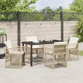 5-teilige Garten Essgruppe mit Kissen Beige Poly-Rattan, Gartentisch Schwarz 140x80x73 cm Gehärtetes Glas