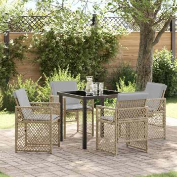 ARDEBO.de - 5-teiliges Garten Esstischset mit Kissen Beige Poly Rattan, Gartentisch Schwarz 80x80x73 cm mit gehärtetem Glas