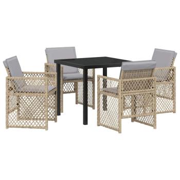 5-teiliges Garten Esstischset mit Kissen Beige Poly Rattan, Gartentisch Schwarz 80x80x73 cm mit gehärtetem Glas