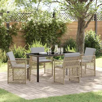 ARDEBO.de - 5-teiliges Garten Esszimmer Set mit Kissen Beige Poly Rattan, Gartentisch Schwarz 140x80x73 cm Sicherheitsglas