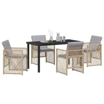 5-teiliges Garten Esszimmer Set mit Kissen Beige Poly Rattan, Gartentisch Schwarz 140x80x73 cm Sicherheitsglas