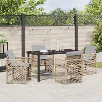 5-teiliges Garten Esszimmer Set mit Kissen Beige Poly Rattan, Gartentisch Schwarz 140x80x73 cm Sicherheitsglas