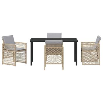 5-teiliges Garten Esszimmer Set mit Kissen Beige Poly Rattan, Gartentisch Schwarz 140x80x73 cm Sicherheitsglas