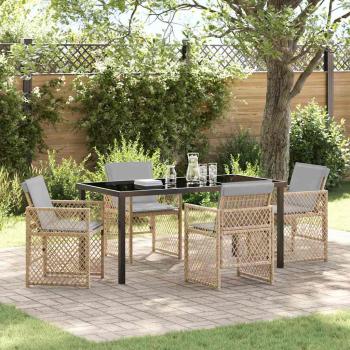 ARDEBO.de - 5-teiliges Garten-Essgruppen-Set mit Polsterung Beige Poly-Rattan, Gartentisch Schwarz 160x80x73 cm Temperglas
