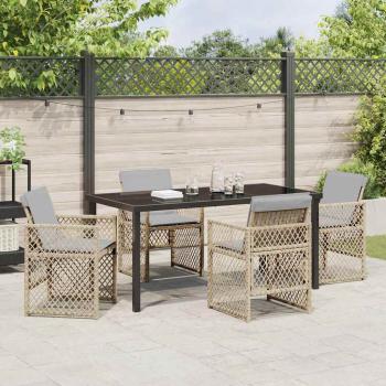 5-teiliges Garten-Essgruppen-Set mit Polsterung Beige Poly-Rattan, Gartentisch Schwarz 160x80x73 cm Temperglas