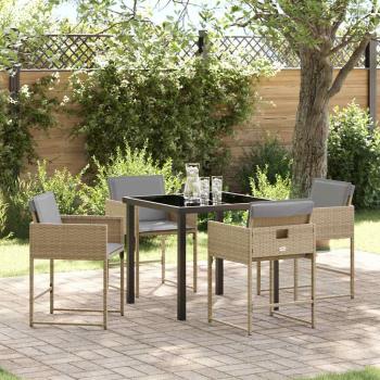 ARDEBO.de - 5-teiliges Garten Essset mit Kissen Beige Poly Rattan, Gartentisch Schwarz 80x80x73 cm Tempered Glass