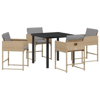 5-teiliges Garten Essset mit Kissen Beige Poly Rattan, Gartentisch Schwarz 80x80x73 cm Tempered Glass