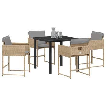 5-teiliges Garten Essset mit Kissen Beige Poly Rattan, Gartentisch Schwarz 80x80x73 cm Tempered Glass
