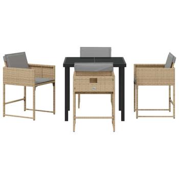 5-teiliges Garten Essset mit Kissen Beige Poly Rattan, Gartentisch Schwarz 80x80x73 cm Tempered Glass