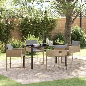 ARDEBO.de - 5-teiliges Garten-Ess-Set mit Kissen in Beige Poly Rattan, Gartentisch Schwarz 140x80x73 cm mit gehärtetem Glas