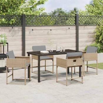 5-teiliges Garten-Ess-Set mit Kissen in Beige Poly Rattan, Gartentisch Schwarz 140x80x73 cm mit gehärtetem Glas