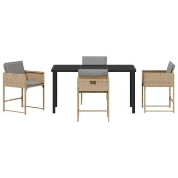 5-teiliges Garten-Ess-Set mit Kissen in Beige Poly Rattan, Gartentisch Schwarz 140x80x73 cm mit gehärtetem Glas