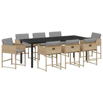 ARDEBO.de - 9-teilige Garten Essgruppe mit Kissen in beige Poly Rattan, Gartentisch schwarz 200x80x73 cm mit Sicherheitsglas