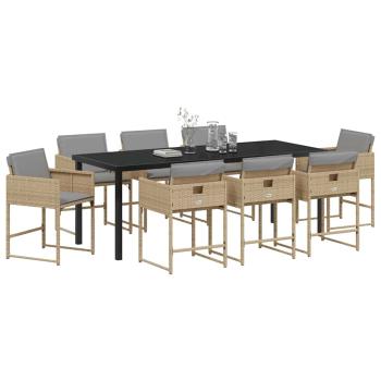 9-teilige Garten Essgruppe mit Kissen in beige Poly Rattan, Gartentisch schwarz 200x80x73 cm mit Sicherheitsglas