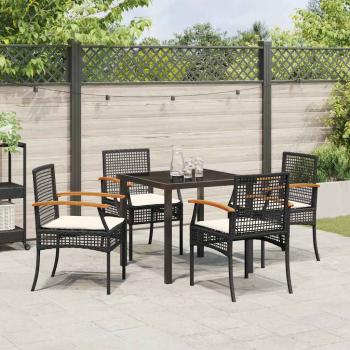 5-teiliges Garten-Ess-Set mit Kissen Schwarz Poly Rattan