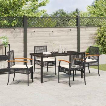 5-teiliges Garten-Ess-Set mit Kissen Schwarzes Poly-Rattan