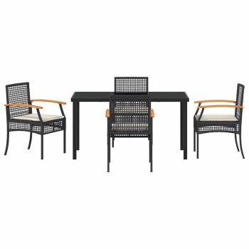 5-teiliges Garten-Ess-Set mit Kissen Schwarzes Poly-Rattan