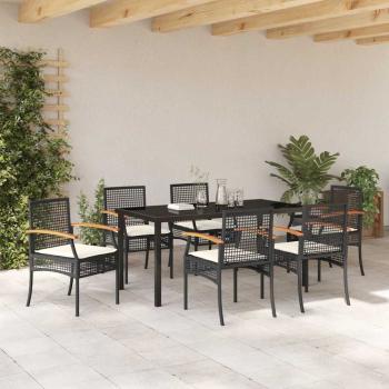 7-teiliges Garten-Essensemble mit Kissen Schwarz Poly Rattan