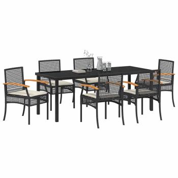 7-teiliges Garten-Ess-Set mit Kissen Schwarz Poly-Rattan