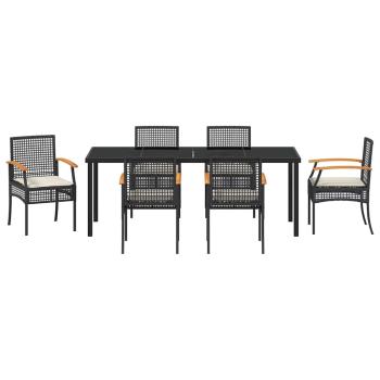 7-teiliges Garten-Ess-Set mit Kissen Schwarz Poly-Rattan